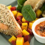 Crunchy Salmon Delight with Vibrant Roasted Red Pepper Sauce